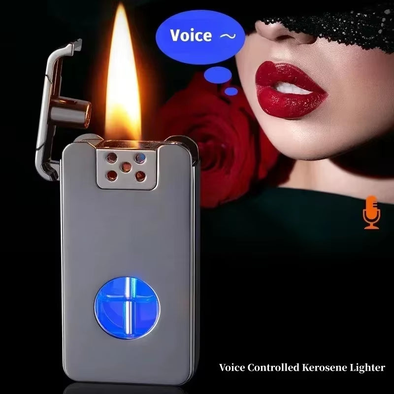 2024 Metal Intelligent Voice Controlled Kerosene Lighter Large Capacity Blue Light Transparent Oil Window Sensitive Arc Ignition