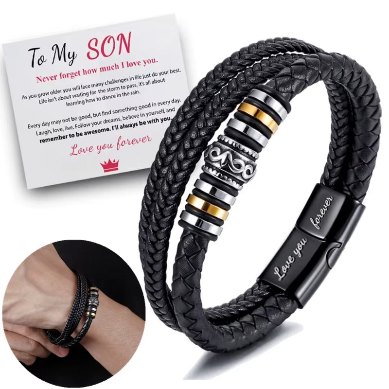 Braided Leather Bracelet to My Son 'Never Forget How Much I Love You' Braided Bracelets for Men Double Row Magnetic Closure