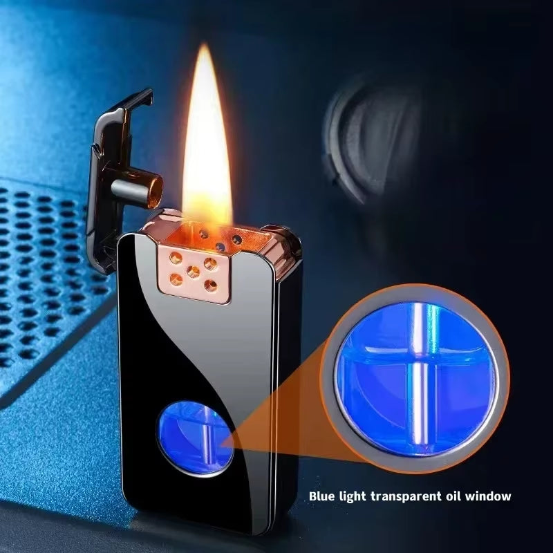 2024 Metal Intelligent Voice Controlled Kerosene Lighter Large Capacity Blue Light Transparent Oil Window Sensitive Arc Ignition