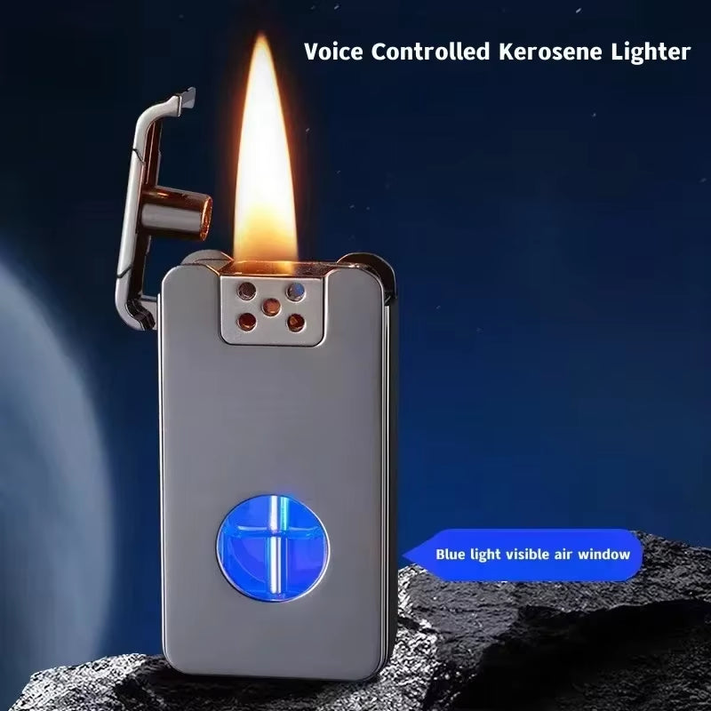 2024 Metal Intelligent Voice Controlled Kerosene Lighter Large Capacity Blue Light Transparent Oil Window Sensitive Arc Ignition