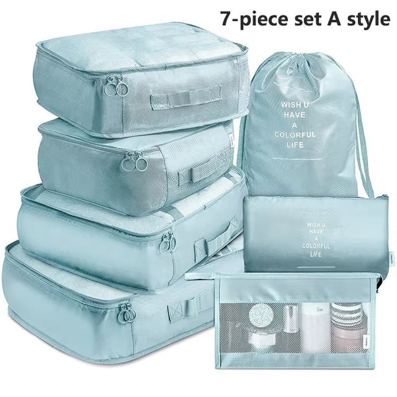 7Pcs Travel Organizer Storage Bags Wardrobe Cube Suitcase Packing Cubes Set Storages Luggage Clothes Shoe Pouch Folding